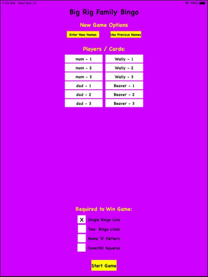 Big Rig Family Bingo