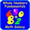 Math Galaxy Whole Numbers Fundamentals is a comprehensive tutorial for whole number operations, with explanations, practice, and games that cover addition and multiplication tables, basic operations including alternative algorithms, place value, rounding and estimating, patterns and sequences, word problems, time, money, length, area, volume, pictographs, bar graphs, and probability