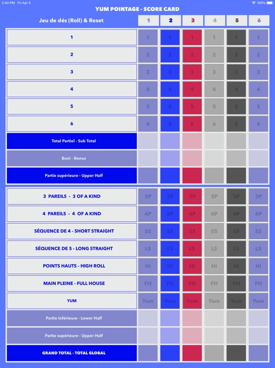 Yum carte pointage -Score card