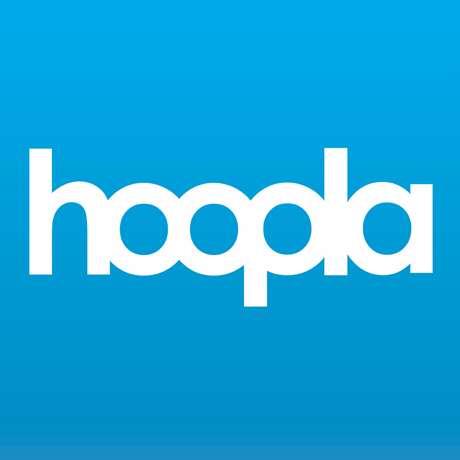 The white Hoopla App logo on a blue background