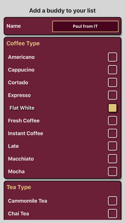 Coffee / tea list organiser