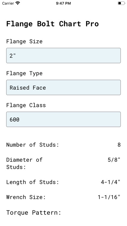 Flange Bolt Size & Torque