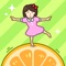 The girl jumps to the fruit