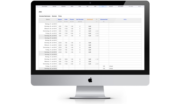 Zeiterfassung 2019 für Numbers