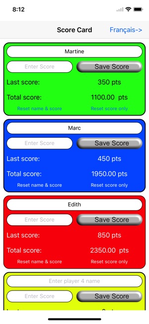 Score Card - Carte de pointage