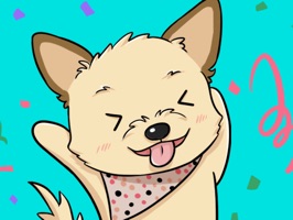 A collection of cute stickers from The Woof Warehouse, featuring Watson wearing some nifty accessories that are available for your own pup at thewoofwarehouse