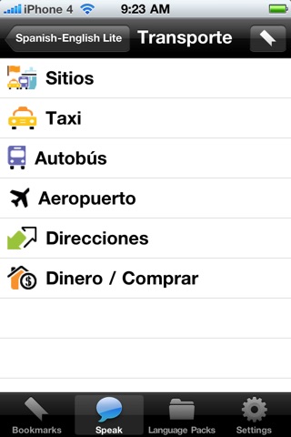 Spanish to English Voice Talking Translator Phrasebook EchoMobi Travel Speak LITE screenshot 2