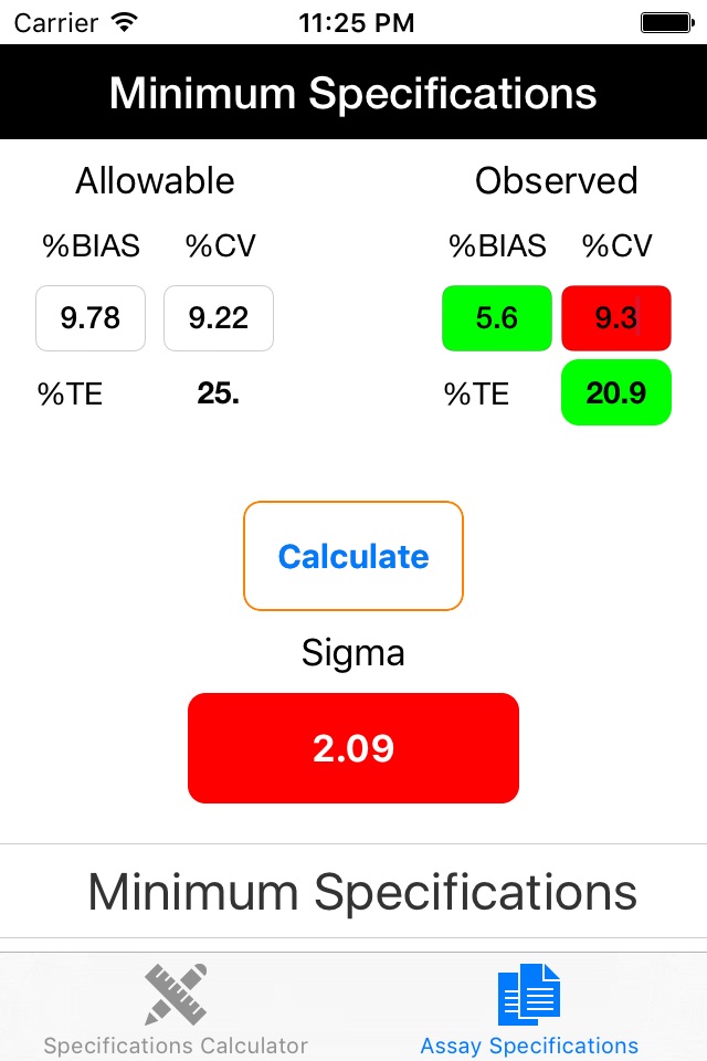 Assay Specification and Six Sigma Calculator screenshot 2