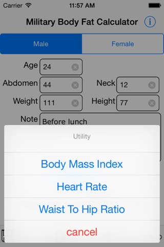 Army Body Fat Calculator For iPhone screenshot 2