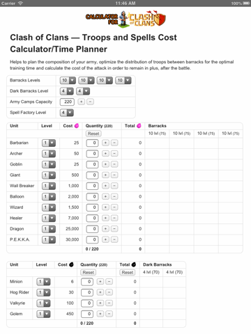 Troops and Spells Cost Calculator/Time Planner for Clash of Clans screenshot