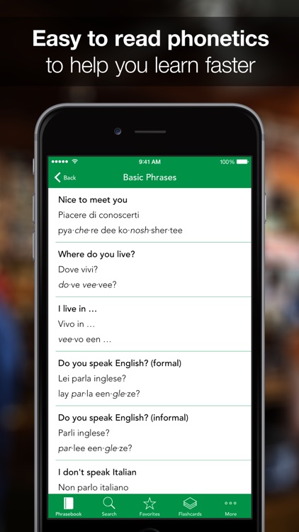 SpeakEasy Italian ~ Offline Phrasebook and Flashcards with Native Speaker Voice and Phonetics