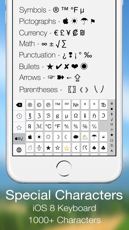 Special Characters Keyboard - (Symbols, Pictographs, Currency, Math, Punctuation, Bullets, Arrows, Parentheses & Numbers)