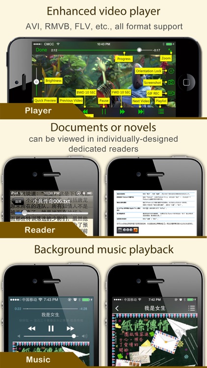 iFileExplorer Pro - Built-in document(Pdf,Word,ppt,els) reader and movie/music(Avi,Mp3) player and unzip/unrar