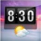 Flip Clock provides several alarm sounds, large snooze buttons, repeating alarms, mood-sharing to Facebook or Twitter, a five-day forecast, and current weather conditions with a background photo to match