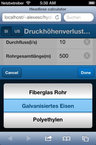 Headloss calculator screenshot 2