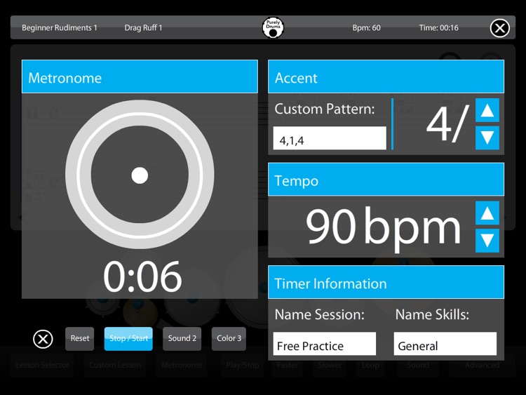 Learn Drum Skills - Practice Tab Flames Strokes Fills Rudiments Paradiddles Lessons with Metronome Teaching