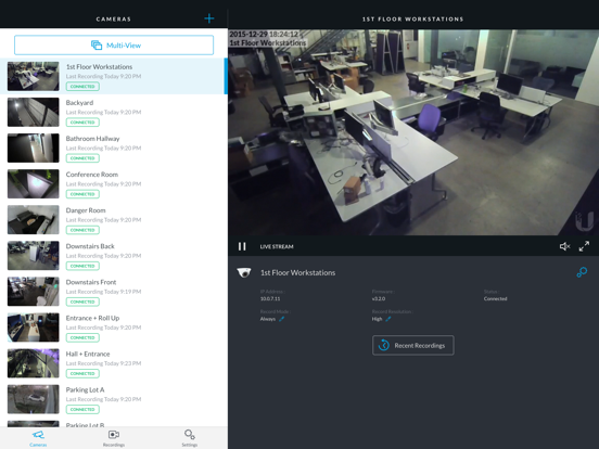 Screenshots of UniFi Video for iPad