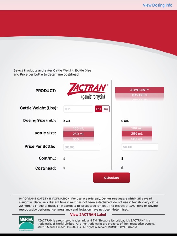 Zactran Cost Calculator for iPad
