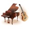 The educational application presents musical instruments with previews of several popular melodies for each instrument