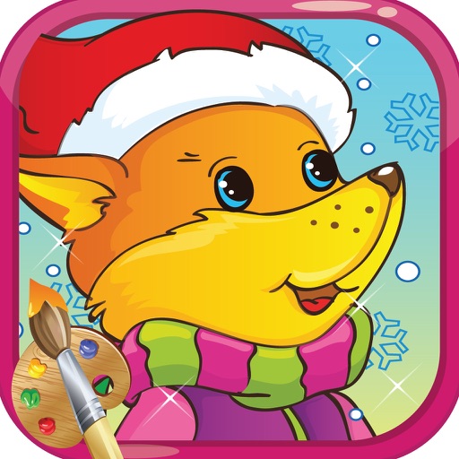 Christmas Coloring Page : Santa with Animal Pet Collection Theme Cute Pretty for Kids Icon
