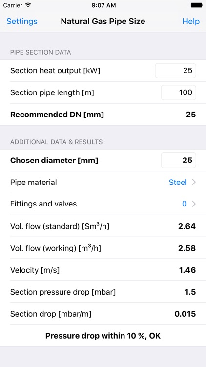 Natural Gas Pipe Size: pipe sizing & pressure drop calculation for natural gas installations screenshot-0