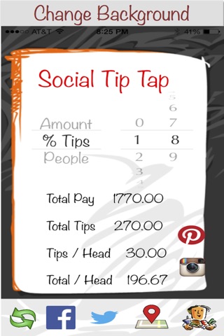 Social Tip Tap - Engage in a social dining experience with free tip calculator, share experience with Instagram, Pinterest, Twitter and Facebook, call cab, find nearby bars and restaurants screenshot 2