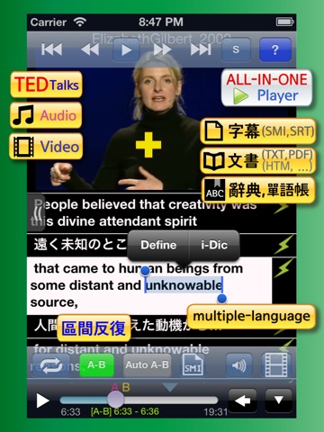 ALL-IN-1 語学機 (英会話,TED,辞書 /TOEIC/TOEFL/リスニング/りすにんぐ /VOCA/会話/英語/発音 ENGLISH/mp3/MUSIC/MOVIE/字幕/ Text/TXT/PDF reader/英語辞書/辞典/dictionary/ 英語翻訳/英単語) AVDic Player for iPadのおすすめ画像1