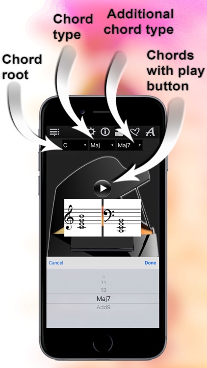 Piano Chords Compass - learn the chord notes & play them
