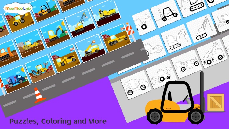 Construction Vehicles - Digger, Loader Puzzles, Games and Coloring