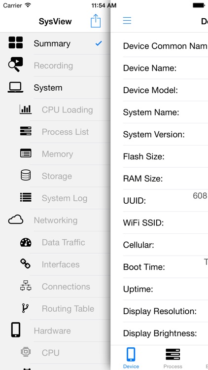 System View - battery, memory, loading