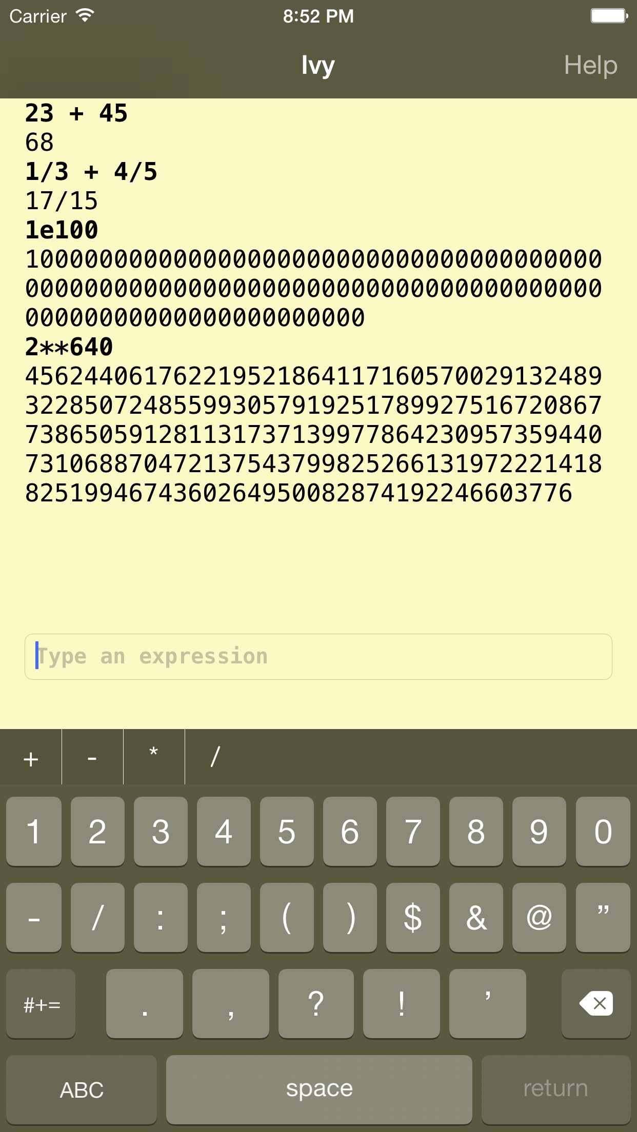 Screenshot do app Ivy big number calculator