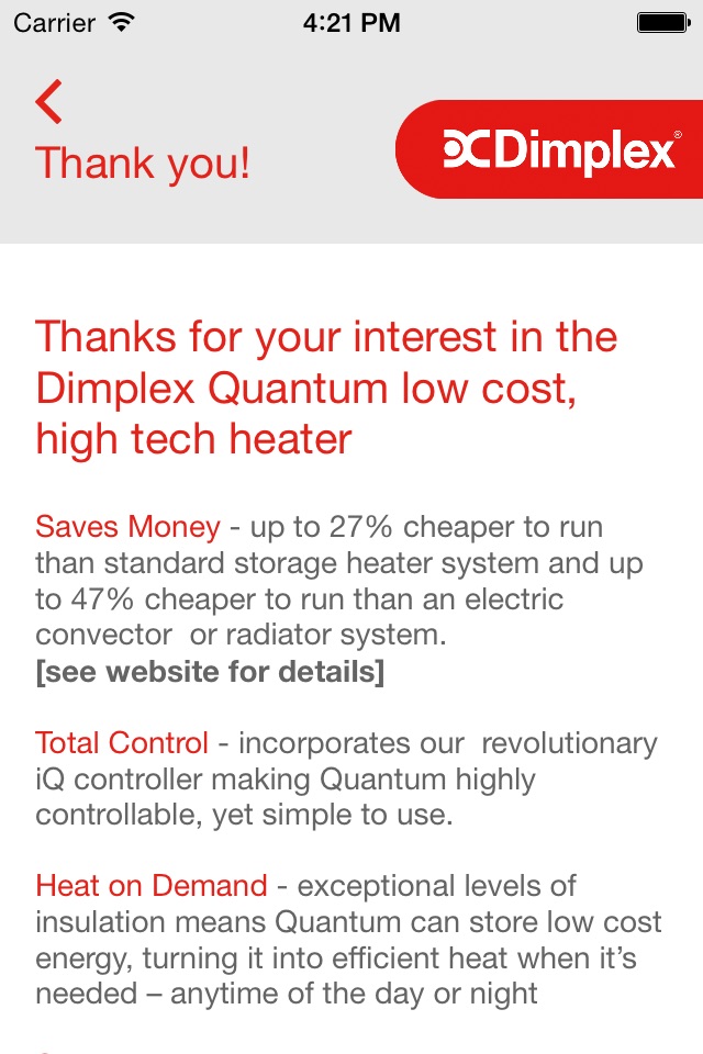 Dimplex Quantum heater sizing guide screenshot 4