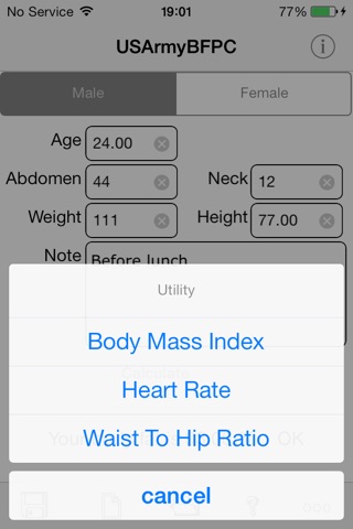 Army Body Fat Percentage Calculator for iPhone screenshot 2