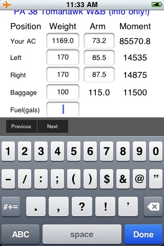 PA-38 Tomahawk Weight and Balance Calculator screenshot 2