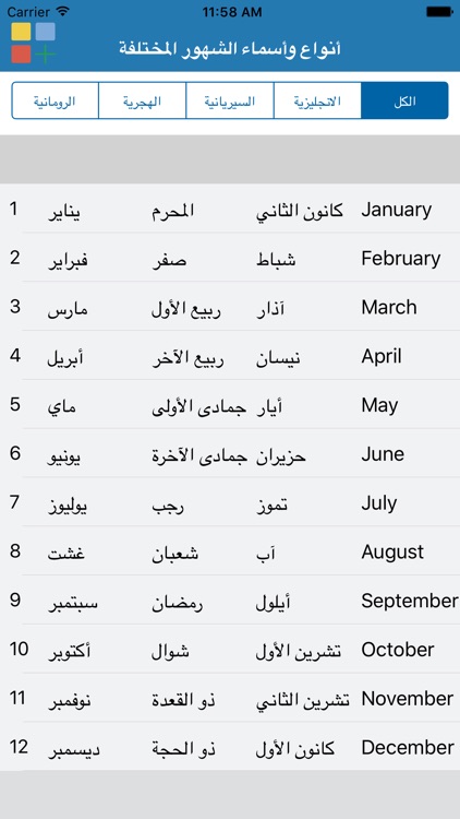 أنواع وأسماء الشهور المختلفة