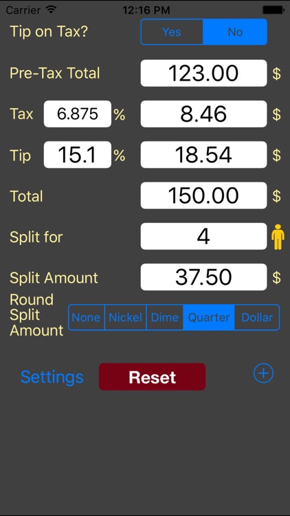 Tip Calculator w bill splitter saved tip/tax rate