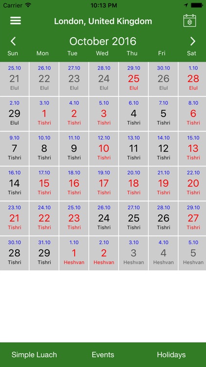 Jewish calendar Simple Luach