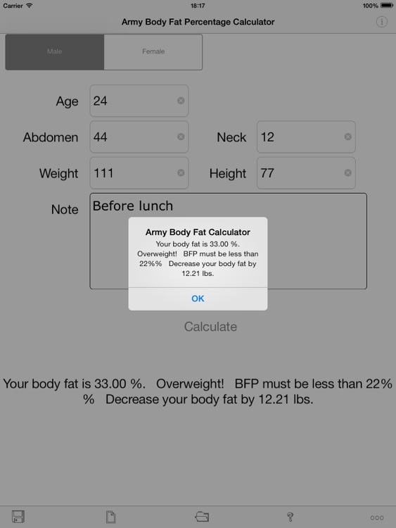 Army Body Fat Percentage Calculator for iPad