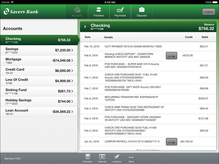 Savers Bank Mobile Banking for the iPad