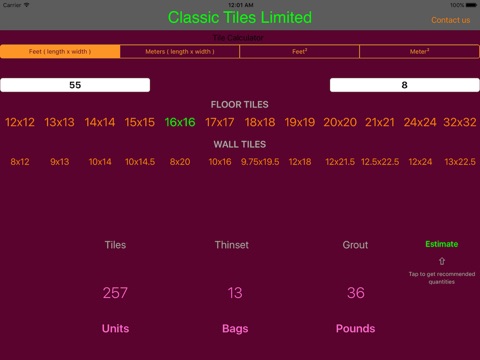 Classic Tiles Product Calculator screenshot 2