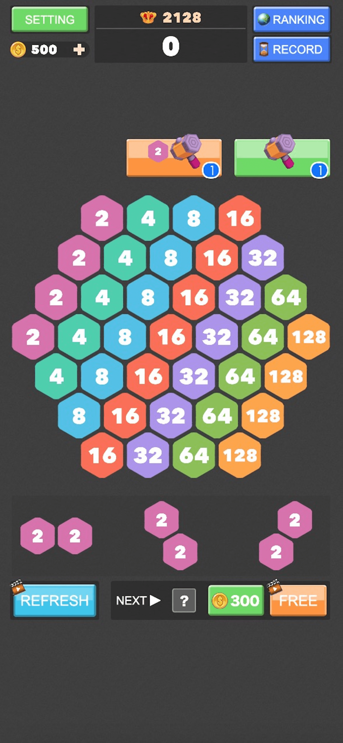 2048 Hexagon Number Puzzle