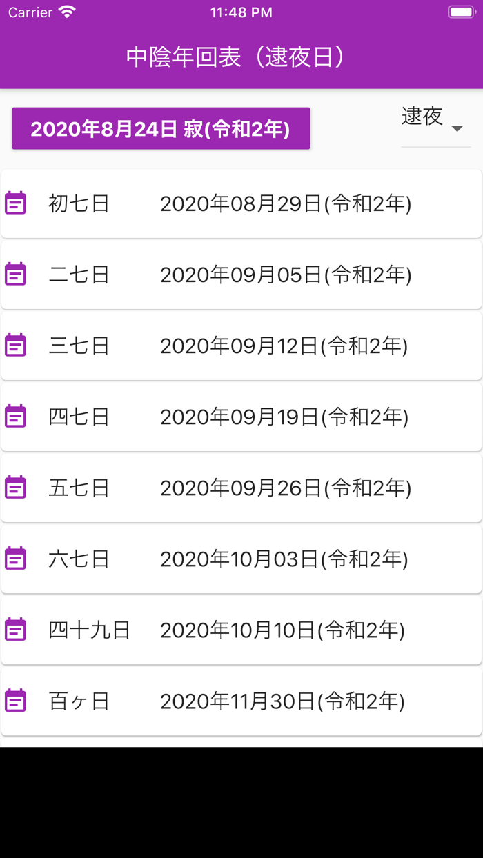 中陰年回・法要日程 早見表