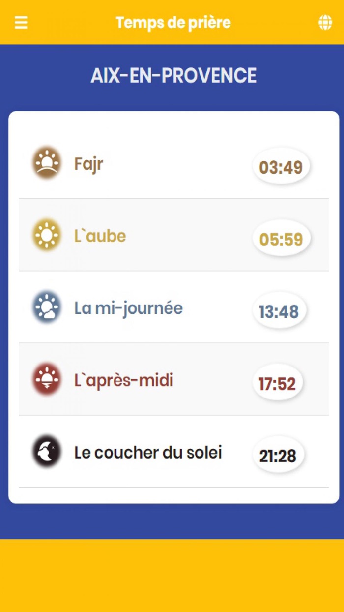 Horaires des Prières