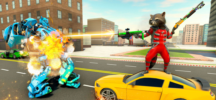 Raccoon Flying Bike Robot Game