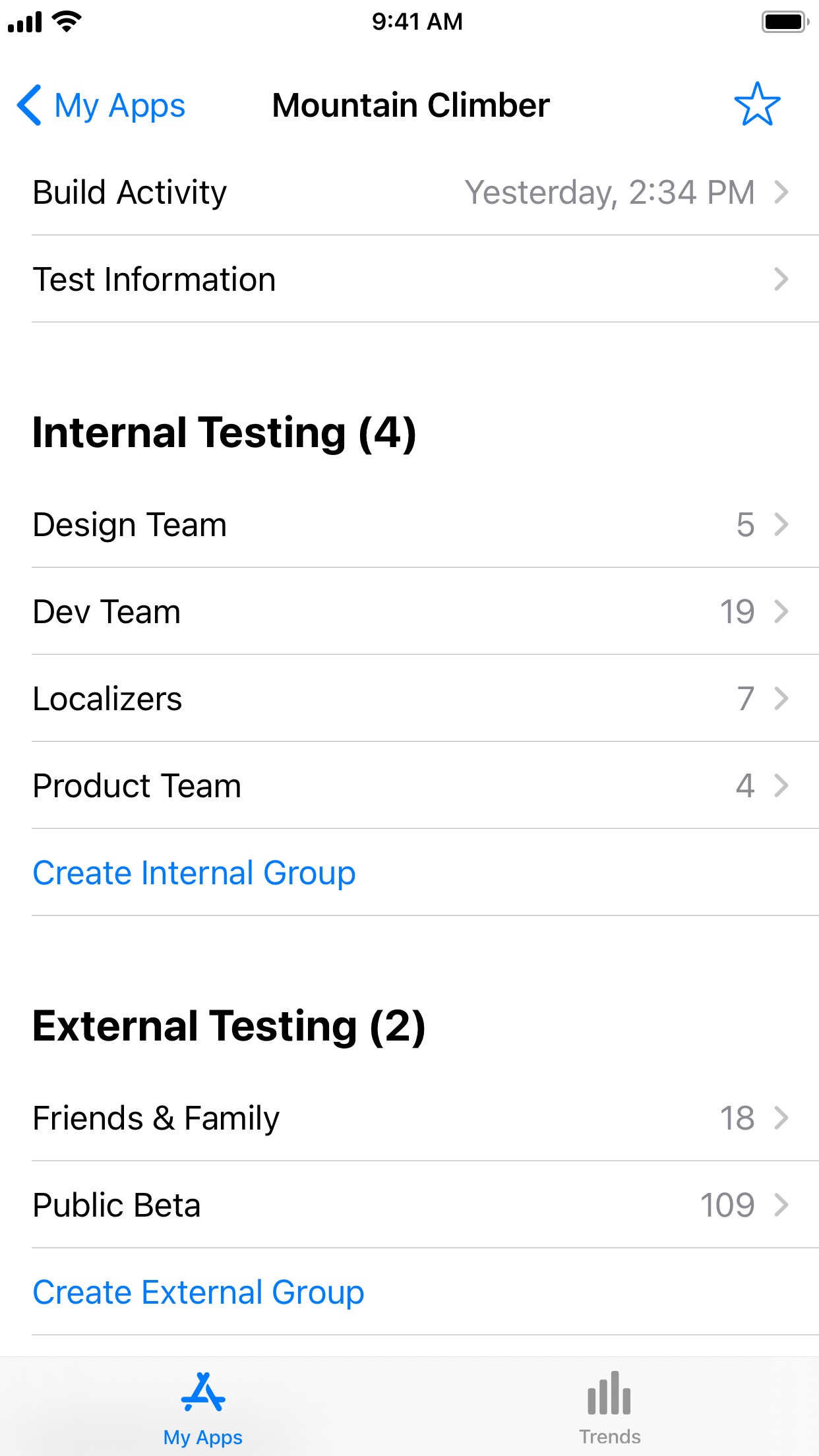 Screenshot do app App Store Connect