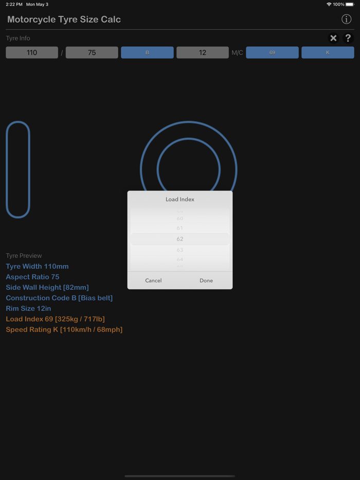 Motorcycle Tyre Size Calc