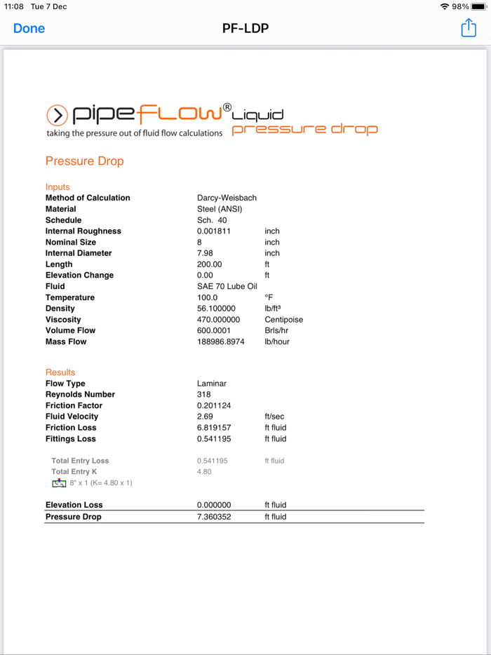 Pipe Flow Liquid Pressure Drop
