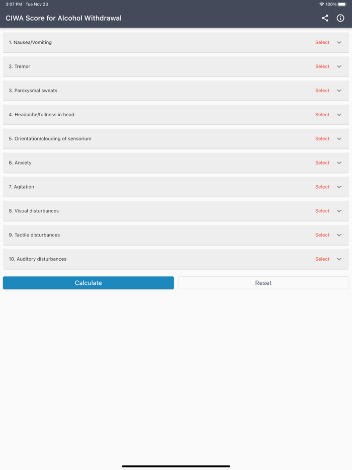 CIWA Score Alcohol Withdrawal