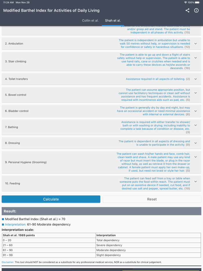 Modified Barthel Index for ADL