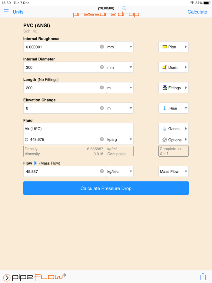 Pipe Flow Gas Pressure Drop